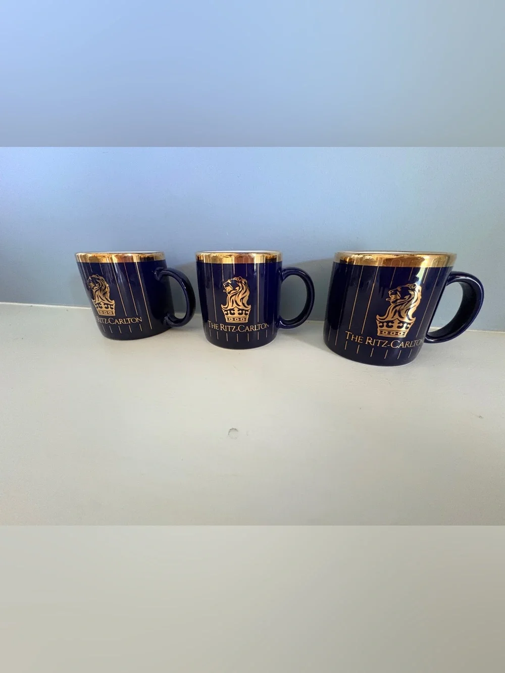 The Ritz-Carlton Logo Coffee Mugs Set of 3 Blue Gold